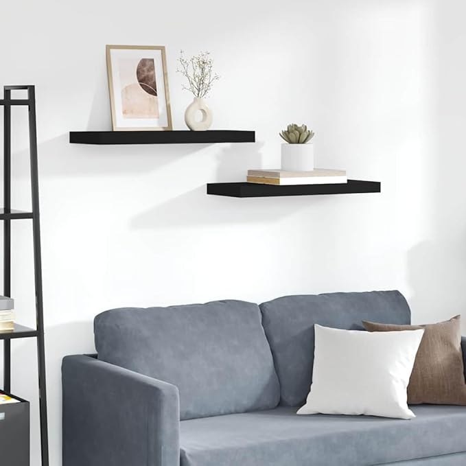 Wall Shelf Set of 2 Black Honeycomb MDF Metal Medium Floating Shelves for Modern Decor Storage Solution