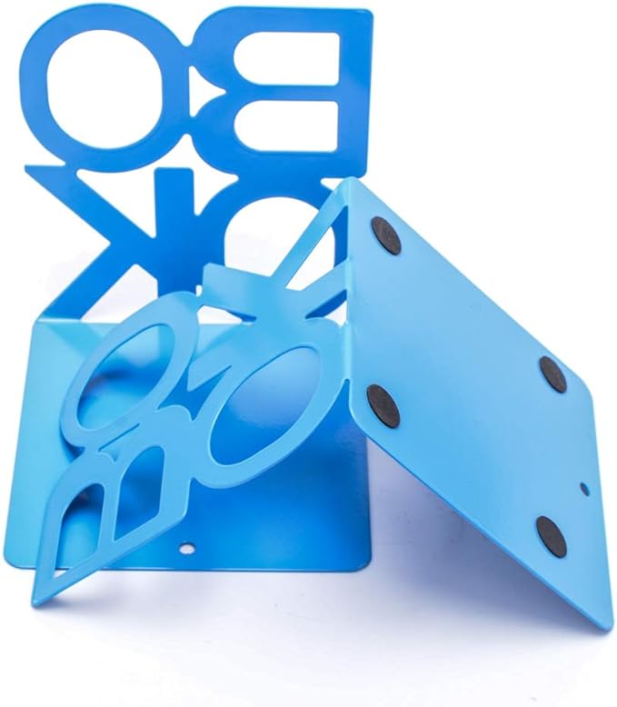 Book Ends - Decorative Metal Book Ends Supports for Bookrack Desk,Books, Unique Appearance Design,Heavy Duty (Blue, 2 Pair)