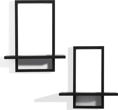 PHOENANCEE Square Floating Shelves,Wall Plants Holder,Bathroom Wall Decor,Framed Decorative Shelf Black,Modern Chic Set of 2 for Living Room Bedroom Home Office,Soild Wood,L+S