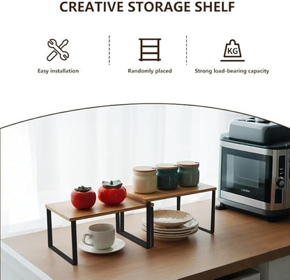 Cabinet Organizer Shelf, Set of 2 Stackable Counter Shelves, Wood and Metal Cabinet Storage Rack, Expandable Kitchen Spice Rack, Multi-Purpose Shelf for Pantry, Bathroom, or Tabletop