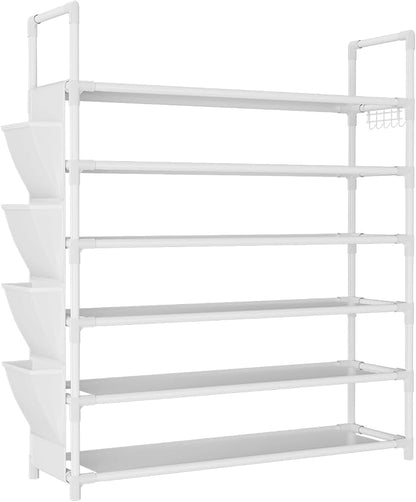 6 Tier Shoe Rack Storage for 24-30 Pairs Shoe and Boot, Shoe Organizer with Hook and Side Pocket Free Standing Long Shoe Shelf Tall Shoe Rack Organizer for Closet, Entryway, Dorm, White