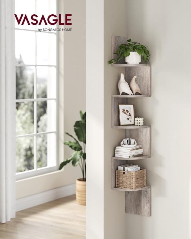 VASAGLE Corner Shelf Wall Mount, 5-Tier Floating Corner Bookshelf, Plant Shelf for Bedroom, Living Room, Bathroom, Home Office, Heather Greige