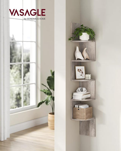 VASAGLE Corner Shelf Wall Mount, 5-Tier Floating Corner Bookshelf, Plant Shelf for Bedroom, Living Room, Bathroom, Home Office, Heather Greige