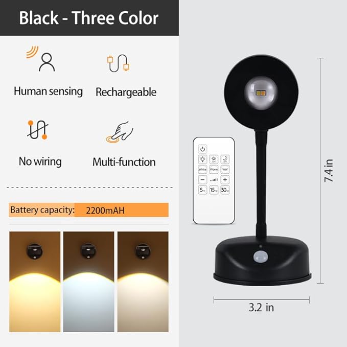 2200mAh Motion Sensor Picture Light, Spotlight Painting, LED Wall Sconce, Night Light Lamp, Rechargeable Battery Operated 3 Color & Dimmable Magnetic 360° Rotation with Remote (Black, 2 Pcs)