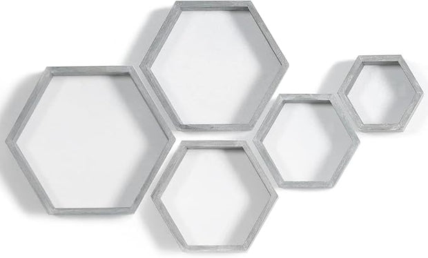 PHOENANCEE Hexagon Floating Shelves,Wall Mounted Wood Farmhouse Storage Honeycomb Wall Shelf Set of 5,for Bathroom, Kitchen, Bedroom, Living Room,Office,Driftwood Finish (Vintage Grey)