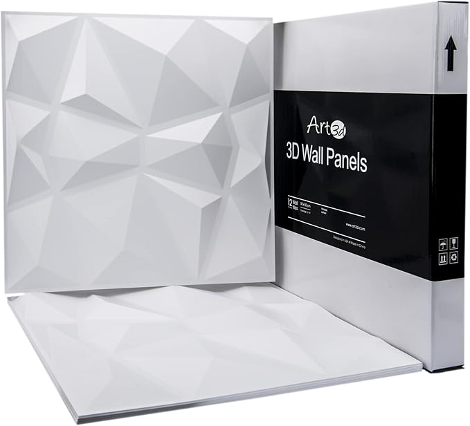 Art3d 12 Pack 3D Diamond Design Wall Panels 19.7"x19.7" PVC Panel for Interior Wall Decor Living Room, Office, TV Background, Snow White