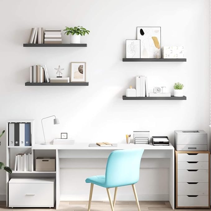 Set of 4 High Gloss Grey Honeycomb MDF and Metal Floating Wall Shelves, Modern Display Storage for Living Room Office Study, Durable Mounted Shelving Unit with Stylish Design