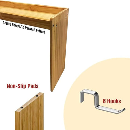 Bamboo Over the Stove Spice Shelf for Kitchen Storage, 31.5" Spice Rack Organizer Stove Top Shelf with 6 hooks, 11.4" Height Extra Oven Back Sink Countertop, Easy to Assemble