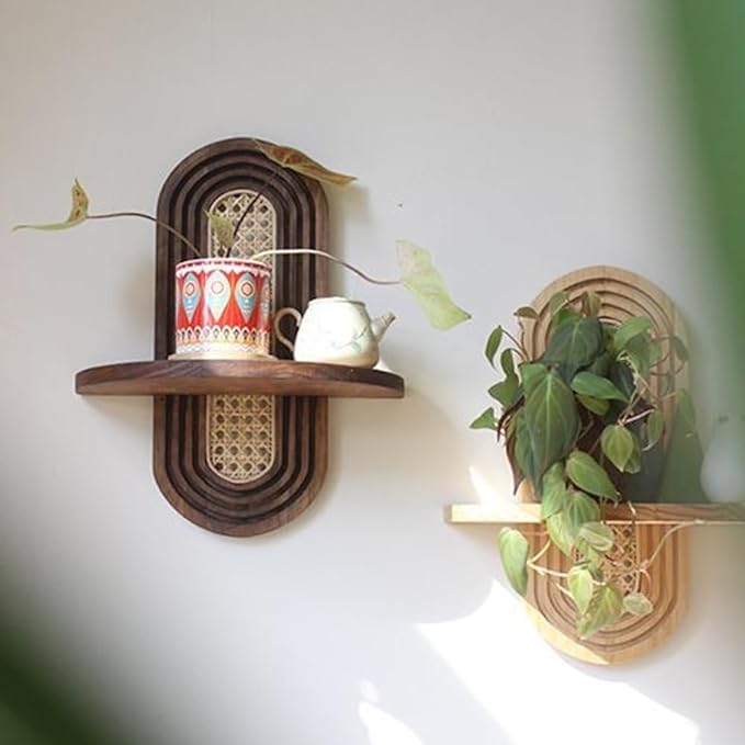 Arch Rattan Floating Shelf, Mid-Century Wood Wall Mounted, Bohemian Hanging Shelf, Modern Rattan Wall Shelf, Arch Wall Decor for Bedroom Living Room Display(Brown)