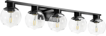 5-Lights Black Bathroom Vanity Lights, Modern Bathroom Lighting Fixtures with Globe Glass Shade, 37in Matte Black Wall lamp for Bath Over Mirror Kitchen Cabinet Bedroom Hallway Living Room Farmhouse