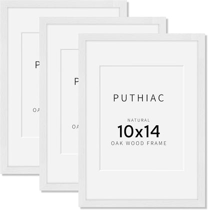 puthiac 10x14 Solid Oak Wood Picture Frame, Fits 8x10 with Mat or 10x14 Without Mat, Wall Display Only, Vertical or Horizontal, Plexi Front, 3 Pack, White