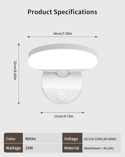 LED Modern Motion Sensor Outdoor Lights Fixtures Wired Round 18W Wall Sconce Light Exterior Porch Lights for Patio Garage Doorway Matt White Cool White 6000K
