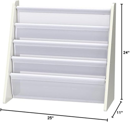 Humble Crew 4-Tier Kids Bookshelf, White Wood/White - Premium Book Shelf for Kids Rooms with Four Deep Pockets - Toddler Sling Book Rack with Deep Sleeves, Nursery Bookcase Organizer