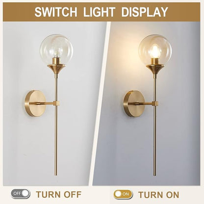 BOKT Mid Century Modern Gold Long Pole Wall Sconce Lighting Minimalist Amber Glass Globe Wall Sconce Light Vintage Bathroom Bar Wall Lamp Light Fixture (Amber)