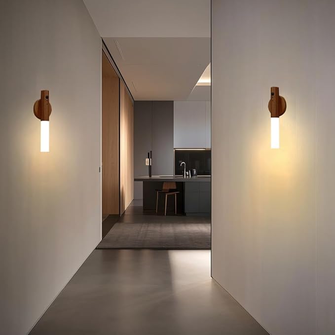 LANDGOO 2 Pack Walnut Night Lights with Motion Sensor & RGB Touch Control | USB-C Rechargeable Wood Wall Sconces Set for Bedroom Pair, Hallway, Staircase, Bathroom Vanity (Luxury Bundle)