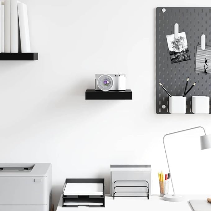 High Gloss Black Honeycomb Floating Wall Shelf, Metal Small Wall Mounted Shelf for Home Office Decor, Modern MDF with Invisible Mounting System, 9.1 x 9.3 x 1.5 Inches,