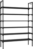 6 Tier Shoe Rack for Closet Shoe Organizer with 5 Hooks, Long Shoe Shelf Storage for Shoe and Boot Stackable Free Standing Shoe Rack for Entryway, Garage, Small Spaces, Dorm, Black