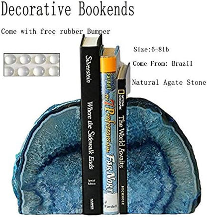 JIC Gem Agate Bookends Dyed Blue Book Ends for Heavy Books Geode Bookends for Bookshelf Decor Cute Stone Bookends with Rubber Bumpers for Office Décor and Home Decoration(1 Pair,6 to 8 Lbs)