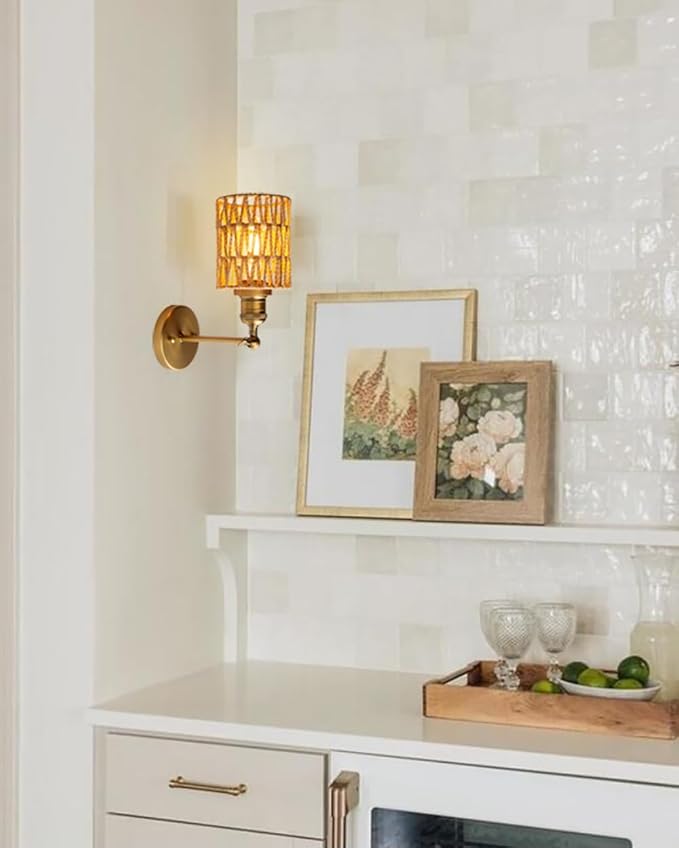 Yosoan Rattan Boho Wrapped Wall Sconce Light, Indoor Hardwired Hand-Woven Farmhouse Vintage Wall Lamps, Brass Handmade Braided Rope Small Straight Shade Wall Mount Fixture for Reading Hallway(Antique)