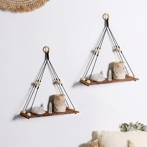 Artilady 2 Pack Wooden Wall Hanging Shelves - Macrame Hanging Plant Shelf Boho, Handmade Rustic Hanger Planter Rack Pot Stand Holder Storage Floating Shelves