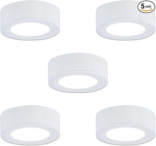 LUMILAND Wired LED Puck Lights 120V (2.7Wx5) Plug-in Lighting Warm White, LED Cabinet Light for Kitchen Can Be Surface Mount or Recess Mount, White