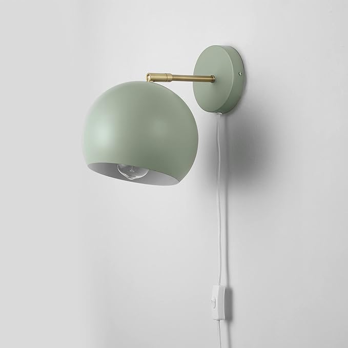 Globe Electric 65866 Willow 1-Light Plug-in or Hardwire Wall Sconce, Sage Green, Matte Brass Accent, Bulb Not Included