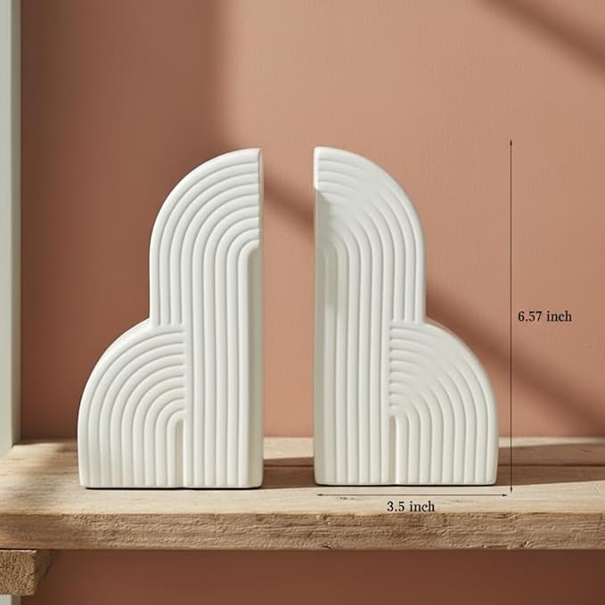 6.6‘’ Decorative Resin Book Ends for Shelves - Modern Bookends for Heavy Books - Minimalist Book Stopper for Aesthetic Home Office Bookshelf Decor - Stylish Gifts for Book Lovers (White)