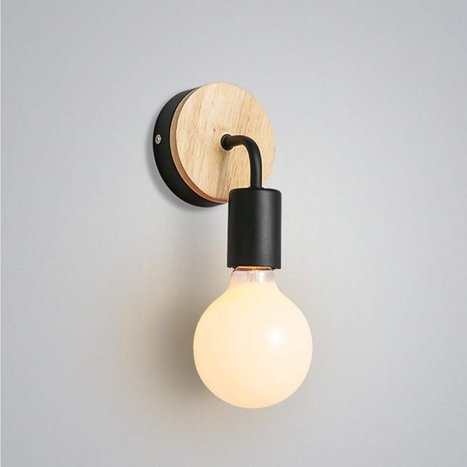 Vintage Loft Style Wooden Base Wall Lights Metal Lamp Minimalist Indoor Wall Sconces E26 Lamp Holder Lighting for Living Room Bedrooms (Bulb Sold Separately) (Black)