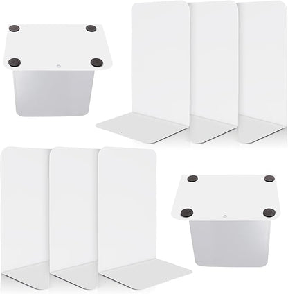 VONDERSO Metal Bookends, 4 Pairs White Metal Book Ends Heavy Duty for Shelves Decor Home Office, Unique White Bookends Supports Anti-Slip for Kids