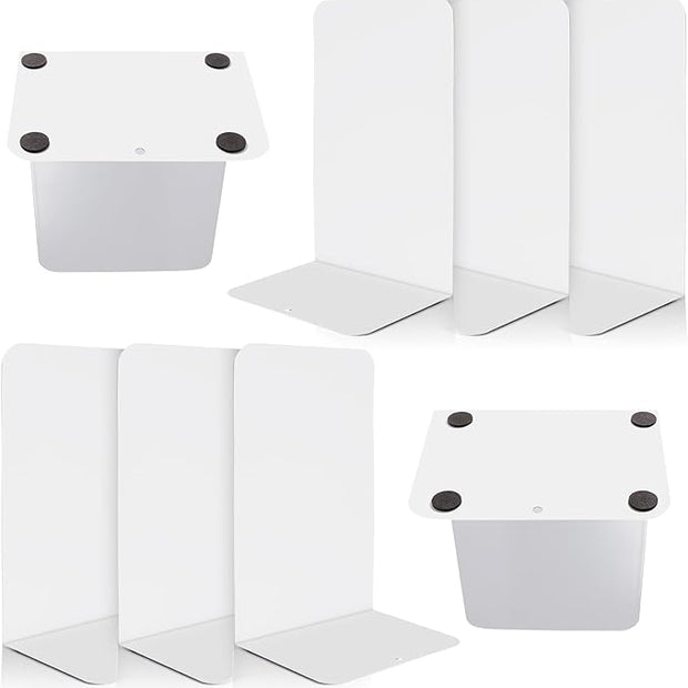 VONDERSO Metal Bookends, 4 Pairs White Metal Book Ends Heavy Duty for Shelves Decor Home Office, Unique White Bookends Supports Anti-Slip for Kids