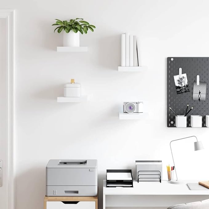 White Honeycomb MDF Floating Wall Shelf Set of 4 with Invisible Mounting, Metal Brackets, Modern Matte Finish for Home Decor and Storage