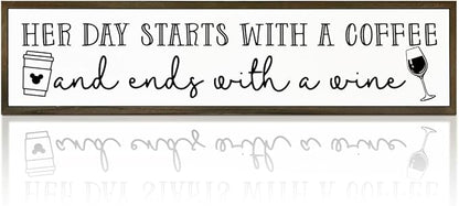 Coffee Wood Signs, Farmhouse Home Kitchen Decor, Rustic Coffees Bar Decors, Wall Decor Art, Her Day Starts with A Coffee & Ends with A Wine Sign, 17.8x4x1.2 inches
