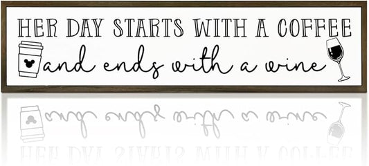 Coffee Wood Signs, Farmhouse Home Kitchen Decor, Rustic Coffees Bar Decors, Wall Decor Art, Her Day Starts with A Coffee & Ends with A Wine Sign, 17.8x4x1.2 inches