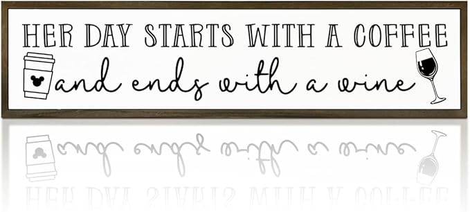 Coffee Wood Signs, Farmhouse Home Kitchen Decor, Rustic Coffees Bar Decors, Wall Decor Art, Her Day Starts with A Coffee & Ends with A Wine Sign, 17.8x4x1.2 inches