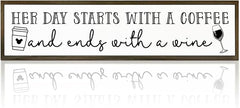 Coffee Wood Signs, Farmhouse Home Kitchen Decor, Rustic Coffees Bar Decors, Wall Decor Art, Her Day Starts with A Coffee & Ends with A Wine Sign, 17.8x4x1.2 inches