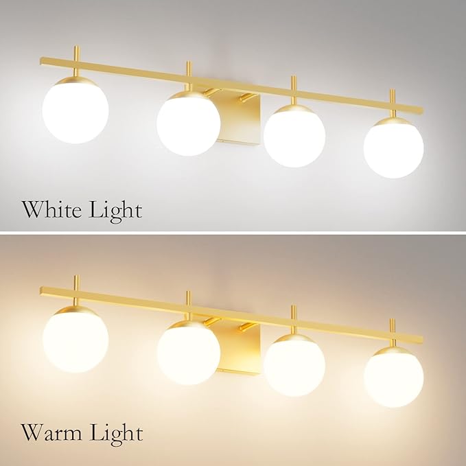 Ralbay Mid Century Gold Bathroom Vanity Lights 4-Light Gold Milky Glass Modern Bathroom Lighting Fixtures Over Mirror, Gold 4-Light (Exclude Bulb)