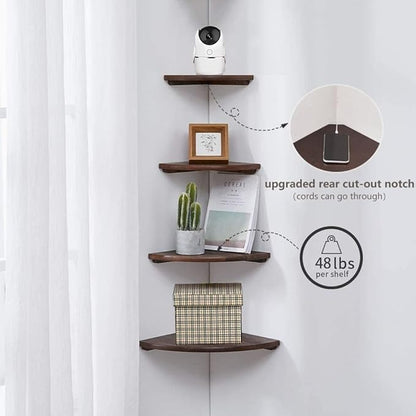Corner Shelves, Floating Corner Shelf, Set of 2 16inch Solid Oak Wood Corner Wall Shelves, Round End with Wire Hole for Small Plant for Bedroom Kitchen, Living Room