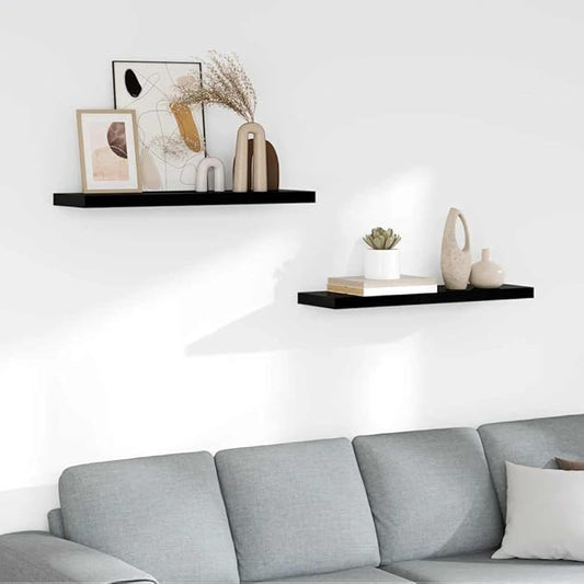 Modern Floating Wall Shelf Set of 2, High Gloss Black Honeycomb MDF with Metal Brackets for Home Storage and Display, Sleek Minimalist Design for Living Room Office Decor,