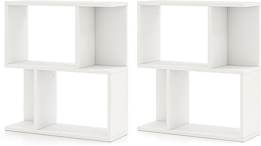Tangkula 3 Tier Geometric Bookshelf, S Shaped Open Bookcase with Storage, Home Office Decor, Freestanding Wood Display Shelf for Living Room Study, Small Bookshelf for Small Spaces (2, White)