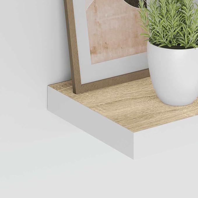 Floating Wall Shelf Set of 4, Oak and White Honeycomb MDF with Metal Standard, Invisible Mounting System for Modern Decor, Space-Saving Design, Durable Engineered Wood