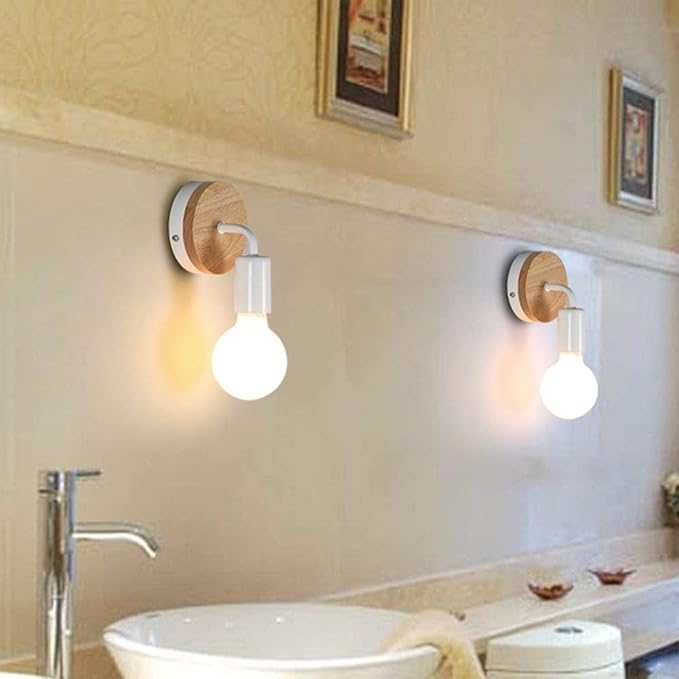 Vintage Loft Style Wooden Base Wall Lights Metal Lamp Minimalist Indoor Wall Sconces E26 Lamp Holder Lighting for Living Room Bedrooms (Bulb Sold Separately) (White)