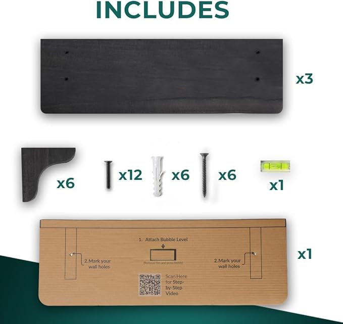 Real Wood Black Shelves for Wall - 17 inch (3 Pack) - Easy to Install, Template and Video Included - Black Wall Shelf, Mounted Wall Shelves, Bedroom Shelves