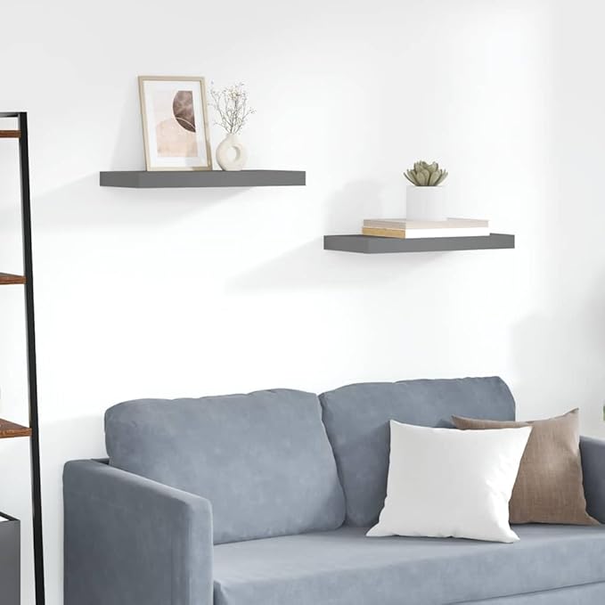 Modern Floating Wall Shelves Set of 2, High Gloss Grey Honeycomb MDF with Metal Mounting, Sleek Display for Books and Decor, Space-Saving Storage Solution for Living Room