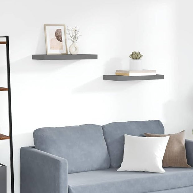 Modern Floating Wall Shelves Set of 2, High Gloss Grey Honeycomb MDF with Metal Mounting, Sleek Display for Books and Decor, Space-Saving Storage Solution for Living Room