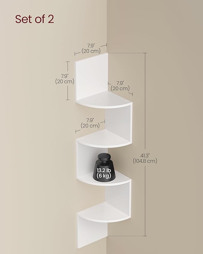 VASAGLE Set of 2, Corner Shelves Wall Mount, 4-Tier Floating Corner Bookshelves, Plant Shelves for Bedroom, Living Room, Bathroom, Home Office, Cloud White