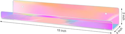 Dezzer 4 Pack Acrylic Shelves for Wall, 15" Acrylic Floating Shelves for Bathroom Bedroom, Invisible Bookshelf Wall Ledge Storage Shelf Books Perfume Toys Action Figure Display Shelves, Iridescent