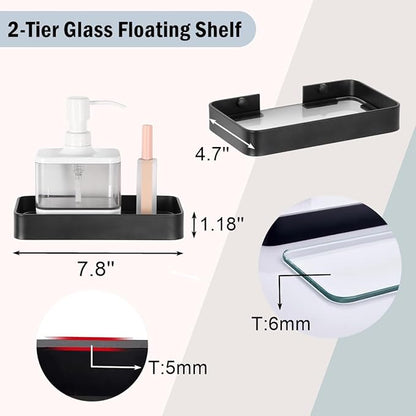Z metnal Small Glass Bathroom Shelves, Matte Black Floating Shelf, Mini Wall Shelf Organizer, Wall Mounted (Clear Glass, 8 inch/20cm)