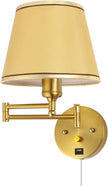 Plug-in Wall Sconce Swing Arm 1-Light Wall Mount Lamp with USB Charging Port Wall Sconce Lighting with Dimmable On Off Switch Gold Fabric Shade Brass Wall Lamp Light Fixture