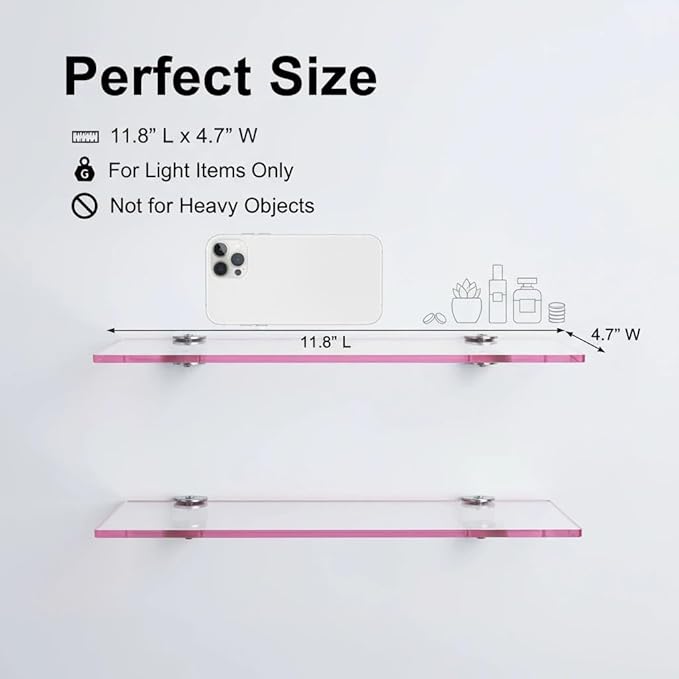 iobiotio Cute Pink Floating Shelves, 12 x 4'' Arylic Shelves for Wall, Decorative Clear Floating Shelves for Gril's Room, Bathroom, Wall Mounted, 2 Pcs
