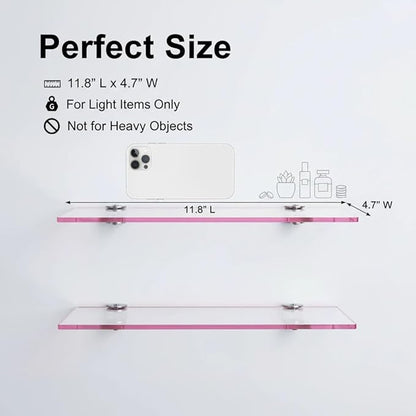 iobiotio Cute Pink Floating Shelves, 12 x 4'' Arylic Shelves for Wall, Decorative Clear Floating Shelves for Gril's Room, Bathroom, Wall Mounted, 2 Pcs